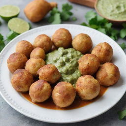 Chicken balls on a plate, surrounded by green salsa, with a beautiful decoration.