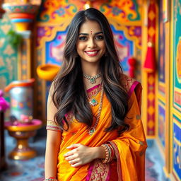 A beautiful Desi girl wearing traditional Indian attire, such as a saree or salwar kameez, standing in a vibrant and colorful setting with intricate patterns and cultural elements