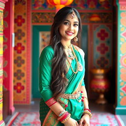 A beautiful Desi girl wearing traditional Indian attire, such as a saree or salwar kameez, standing in a vibrant and colorful setting with intricate patterns and cultural elements