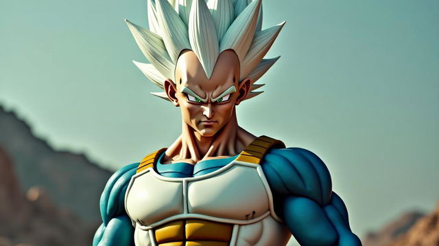 A highly realistic, cinematic portrait of a real-life Vegeta as a Super Saiyan with white hair, muscular build, pastel colors, and a raw, unfiltered quality