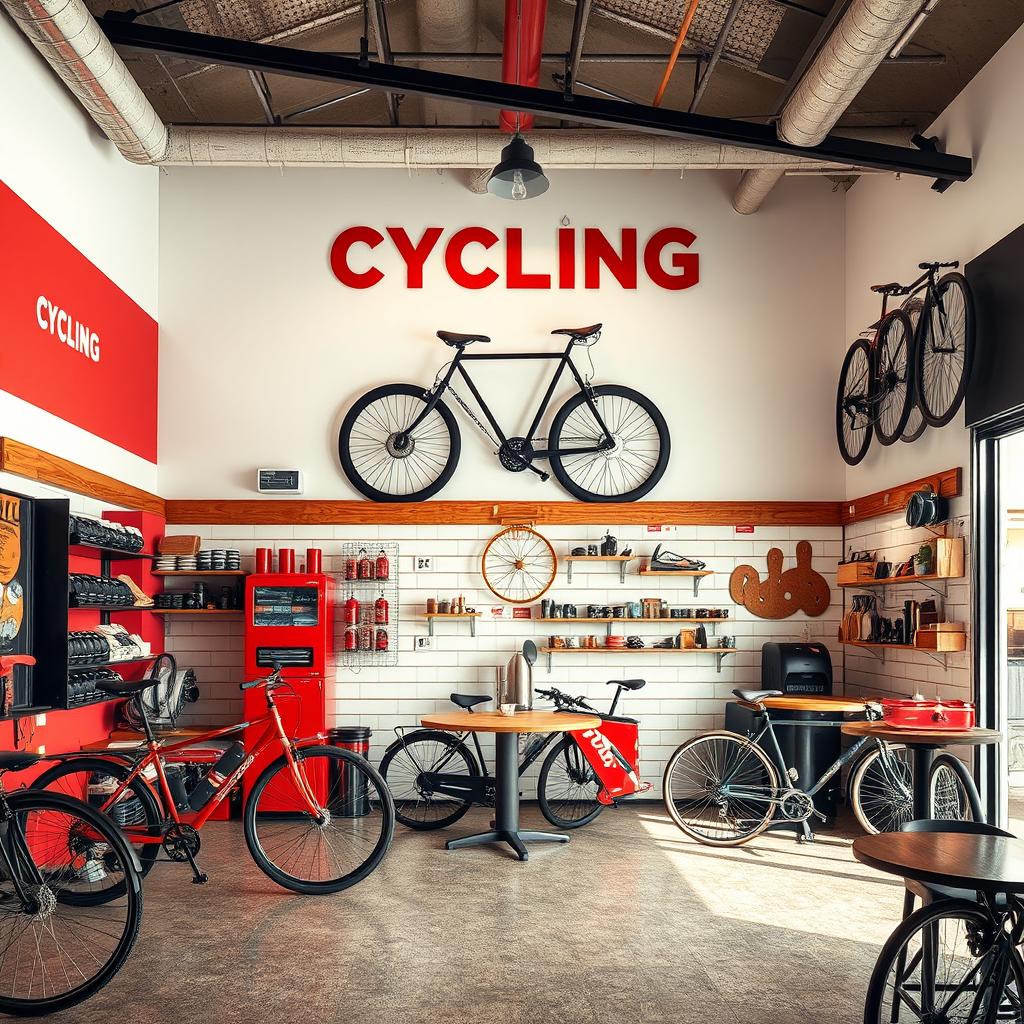 Diseño de interior de un taller mecánico de bicicletas llamado 'Cycling' en colores rojo, blanco y negro, con decoraciones rústicas en madera