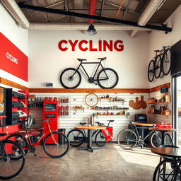 Diseño de interior de un taller mecánico de bicicletas llamado 'Cycling' en colores rojo, blanco y negro, con decoraciones rústicas en madera