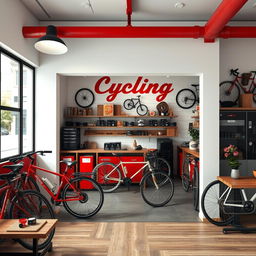 Diseño de interior de un taller mecánico de bicicletas llamado 'Cycling' en colores rojo, blanco y negro, con decoraciones rústicas en madera