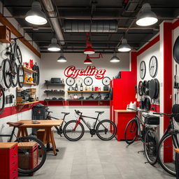 Diseño de interior de un taller mecánico de bicicletas llamado 'Cycling' en colores rojo, blanco y negro, con decoraciones rústicas en madera