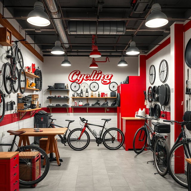 Diseño de interior de un taller mecánico de bicicletas llamado 'Cycling' en colores rojo, blanco y negro, con decoraciones rústicas en madera