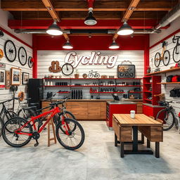 Diseño de interior de un taller mecánico de bicicletas llamado 'Cycling' en colores rojo, blanco y negro, con decoraciones rústicas en madera