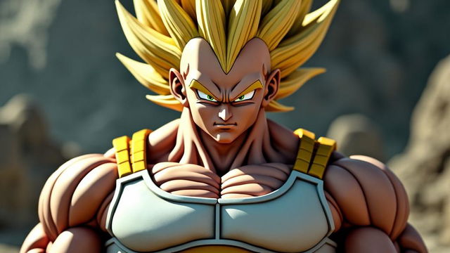 A highly realistic portrait of Super Saiyan Vegeta with a muscular build and iconic golden hair, in a cinematic, raw photograph