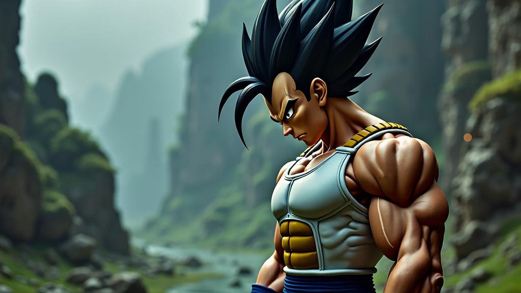 A highly realistic portrait of Vegeta with a muscular build and iconic black hair, in a cinematic, raw photograph