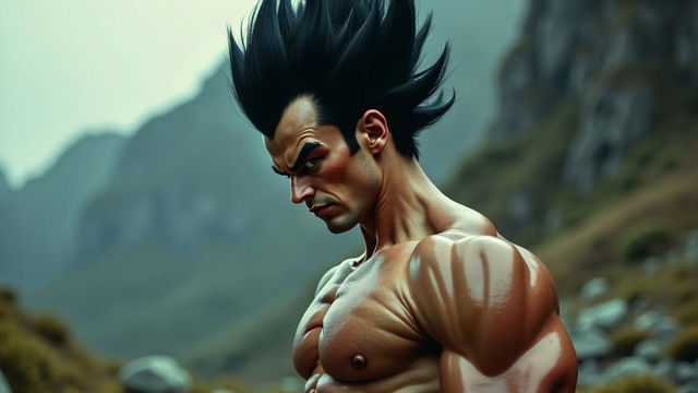 A highly realistic portrait of a person resembling Vegeta with a muscular build and spiky black hair, in a cinematic, raw photograph