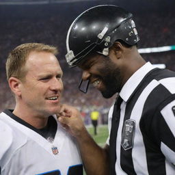 A tearful football player during the Super Bowl, hands on his helmet, with a smiling referee nearby.