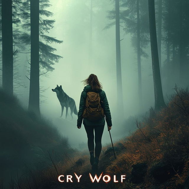 HD book cover design for 'Cry Wolf' featuring a young woman hiking through a foggy forest with a wolf creature stalking her in the distance