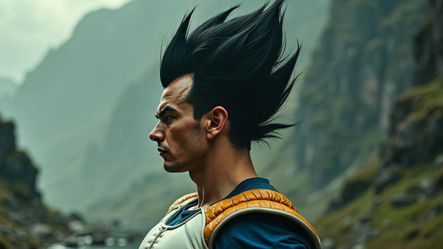 A highly realistic portrait of a person resembling Vegeta with a muscular build and spiky black hair, in a cinematic, raw photograph