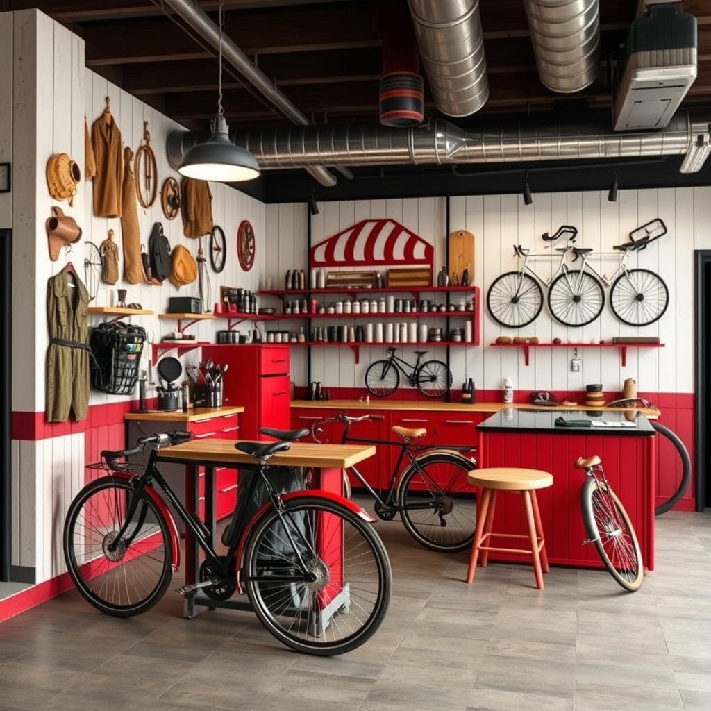 Diseño de interior de un taller mecánico de bicicletas llamado 'Cycling' de estilo vintage en colores rojo, blanco y negro, con decoraciones rústicas en madera