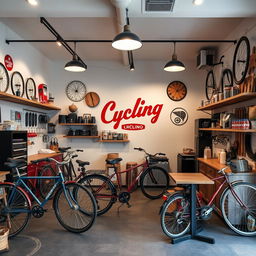 Diseño de interior de un taller mecánico de bicicletas llamado 'Cycling' de estilo vintage en colores rojo, blanco y negro, con decoraciones rústicas en madera