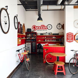 Diseño de interior de un taller mecánico de bicicletas llamado 'Cycling' de estilo vintage en colores rojo, blanco y negro, con decoraciones rústicas en madera