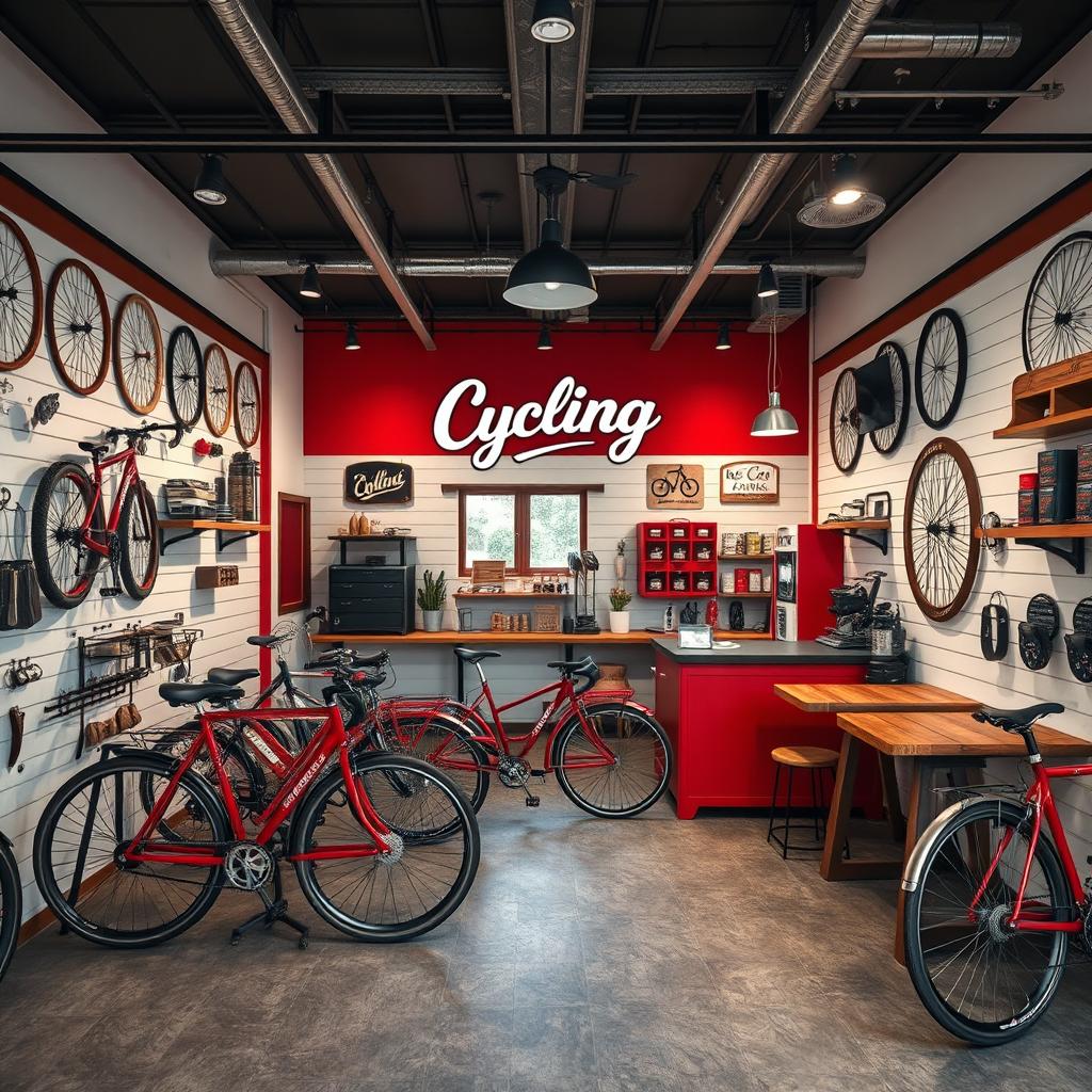 Diseño de interior de un taller mecánico de bicicletas llamado 'Cycling' de estilo vintage en colores rojo, blanco y negro, con decoraciones rústicas en madera