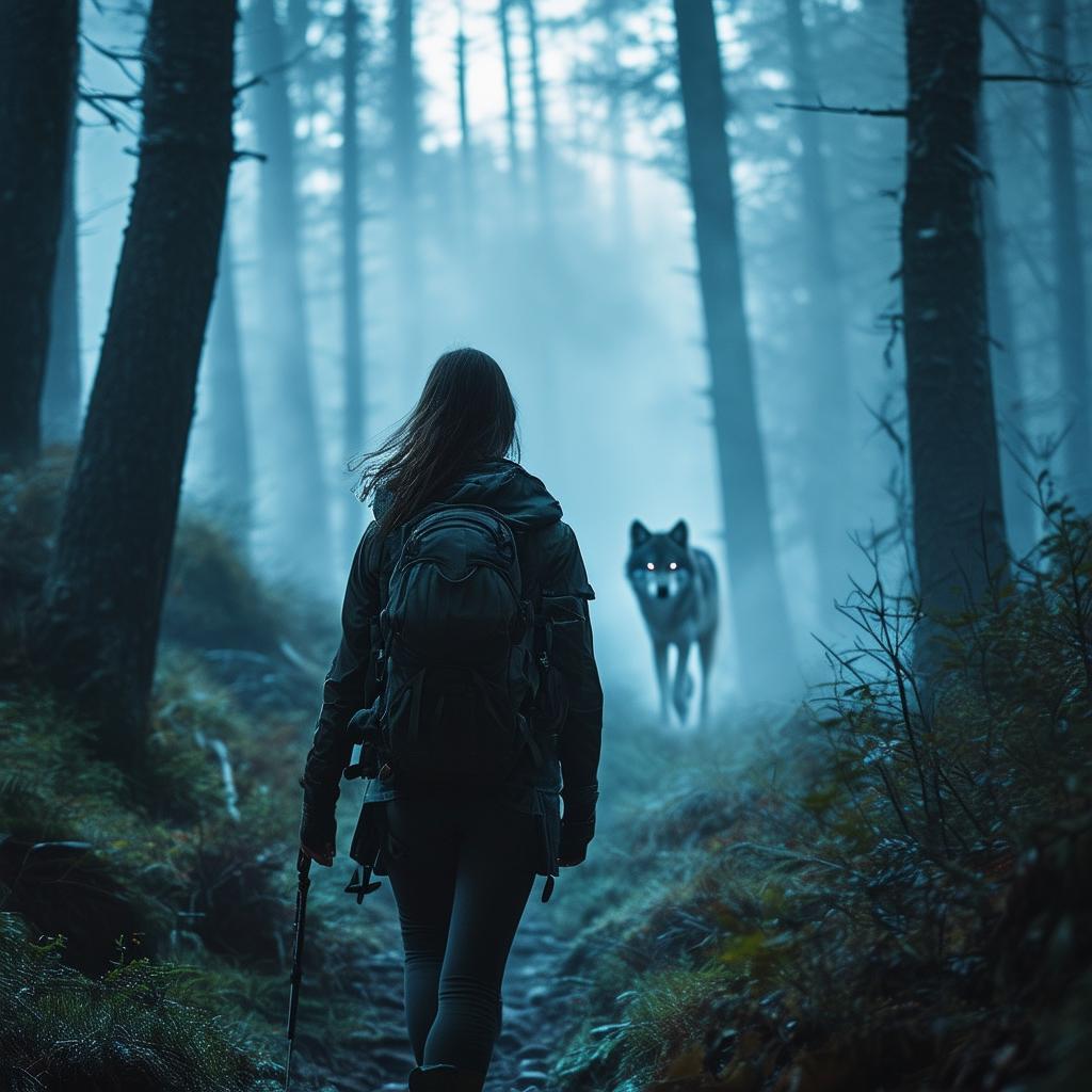 Improved HD book cover design for 'Cry Wolf' featuring a young woman hiking through a foggy forest with a wolf creature stalking her in the distance