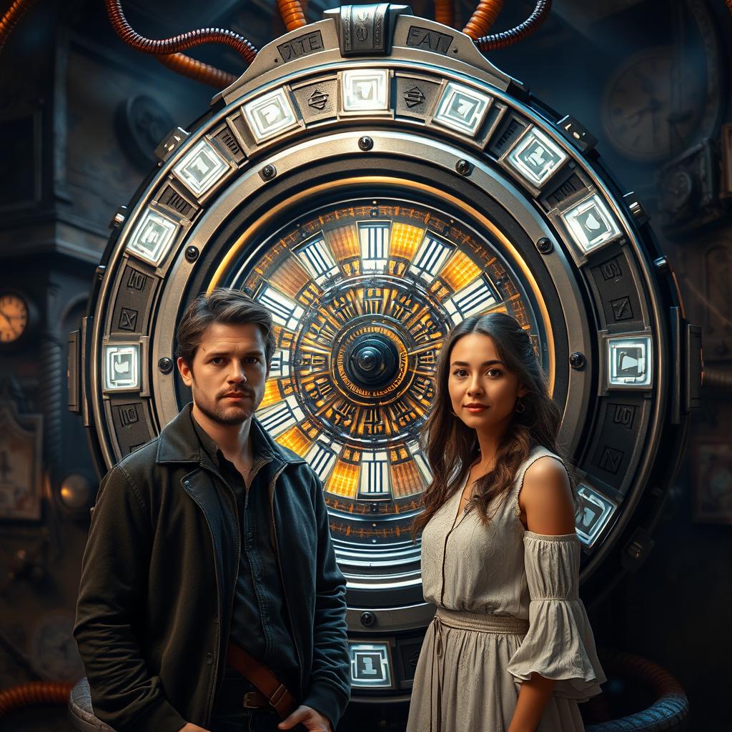 A man and woman standing next to a futuristic time machine, with glowing lights and intricate machinery