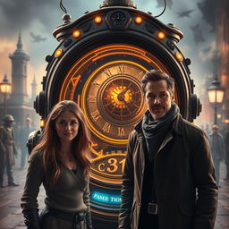 A man and woman standing next to a futuristic time machine, with glowing lights and intricate machinery