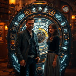 A man and woman standing next to a futuristic time machine, with glowing lights and intricate machinery