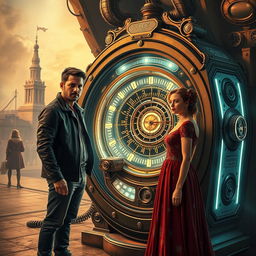 A man and woman standing next to a futuristic time machine, with glowing lights and intricate machinery