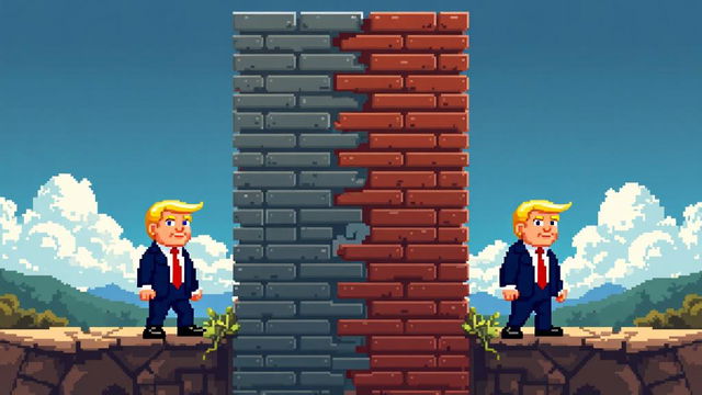 Create SNES game cover art titled 'The Wall' in pixel art style, featuring Donald Trump on the left, Mexico on the right, separated by a wall