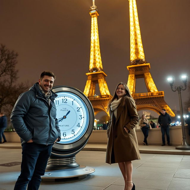 A man and a woman standing next to a futuristic time travel machine in the heart of Paris