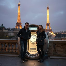 A man and a woman standing next to a futuristic time travel machine in the heart of Paris