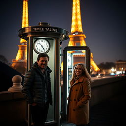 A man and a woman standing next to a futuristic time travel machine in the heart of Paris