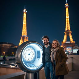 A man and a woman standing next to a futuristic time travel machine in the heart of Paris