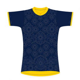 A sports jersey with a yellow collar and dark blue color scheme, featuring traditional batik patterns