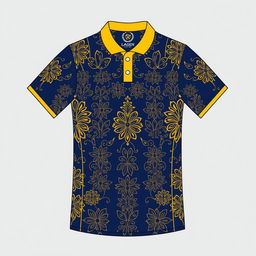 A sports jersey with a yellow collar and dark blue color scheme, featuring traditional batik patterns