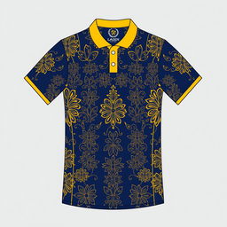 A sports jersey with a yellow collar and dark blue color scheme, featuring traditional batik patterns