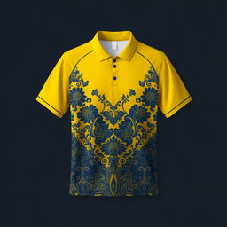 A sports jersey with a yellow collar and dark blue color scheme, featuring traditional batik patterns