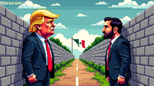 Create SNES game cover art titled 'The Wall' in pixel art style, featuring Donald Trump on the left, Mexico on the right, separated by a wall