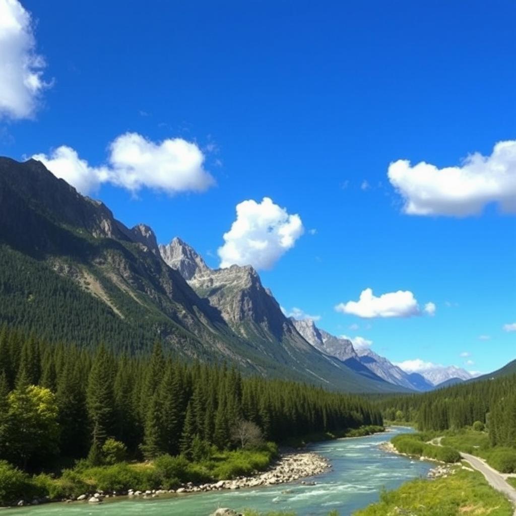 A beautiful landscape with mountains, a river flowing through a forest, and a clear blue sky with fluffy white clouds