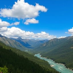 A beautiful landscape with mountains, a river flowing through a forest, and a clear blue sky with fluffy white clouds