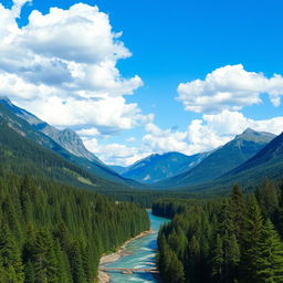 A beautiful landscape with mountains, a river flowing through a forest, and a clear blue sky with fluffy white clouds