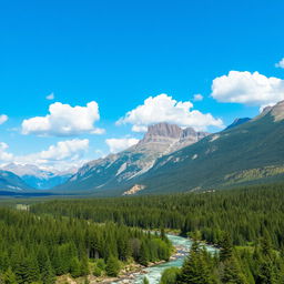 A beautiful landscape with mountains, a river flowing through a forest, and a clear blue sky with fluffy white clouds