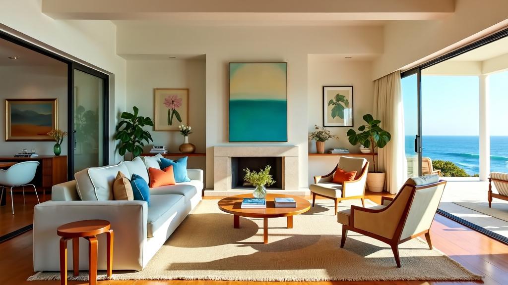 A modern Hamptons living room with indoor-outdoor flow, ocean view, and Wes Anderson style