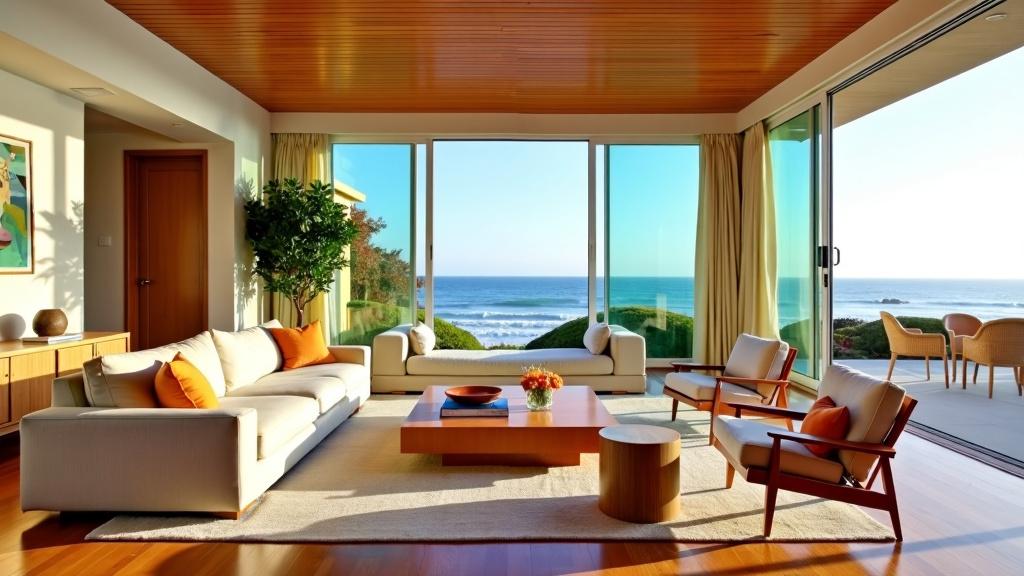 A cinematic modern Hamptons living room with indoor-outdoor flow and ocean view, styled with Wes Anderson pastels