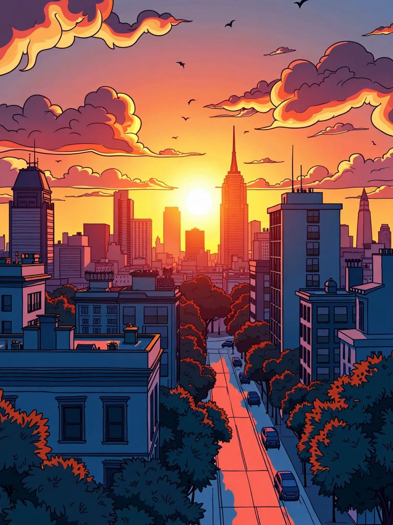 A beautiful high-definition line art illustration of a cityscape during a stunning sunset, with intricate details and a warm, golden glow