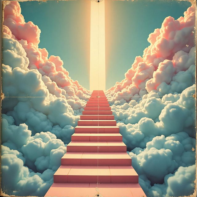 A vintage book cover titled 'Into the Clouds' featuring a pastel-hued stairway to heaven, evoking wonder and tranquility.