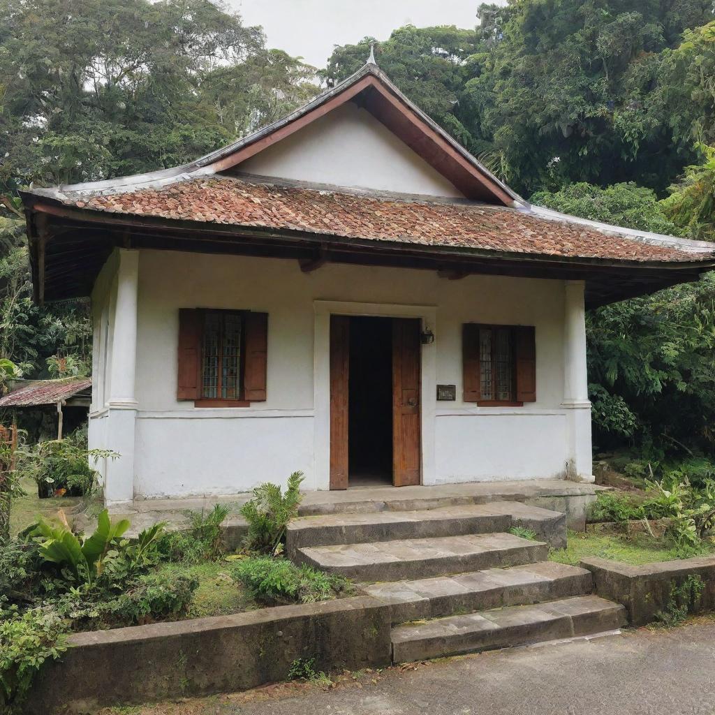 A vivid image of Jose Rizal's ancestral house: a beautiful Bahay na Bato, a traditional Filipino house with Capiz shell windows, surrounded by abundant nature.