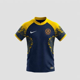 A sports jersey with a yellow collar and dark blue color scheme, featuring traditional batik patterns