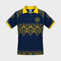 A sports jersey with a yellow collar and dark blue color scheme, featuring traditional batik patterns