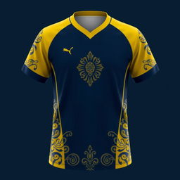 A sports jersey with a yellow collar and dark blue color scheme, featuring traditional batik patterns