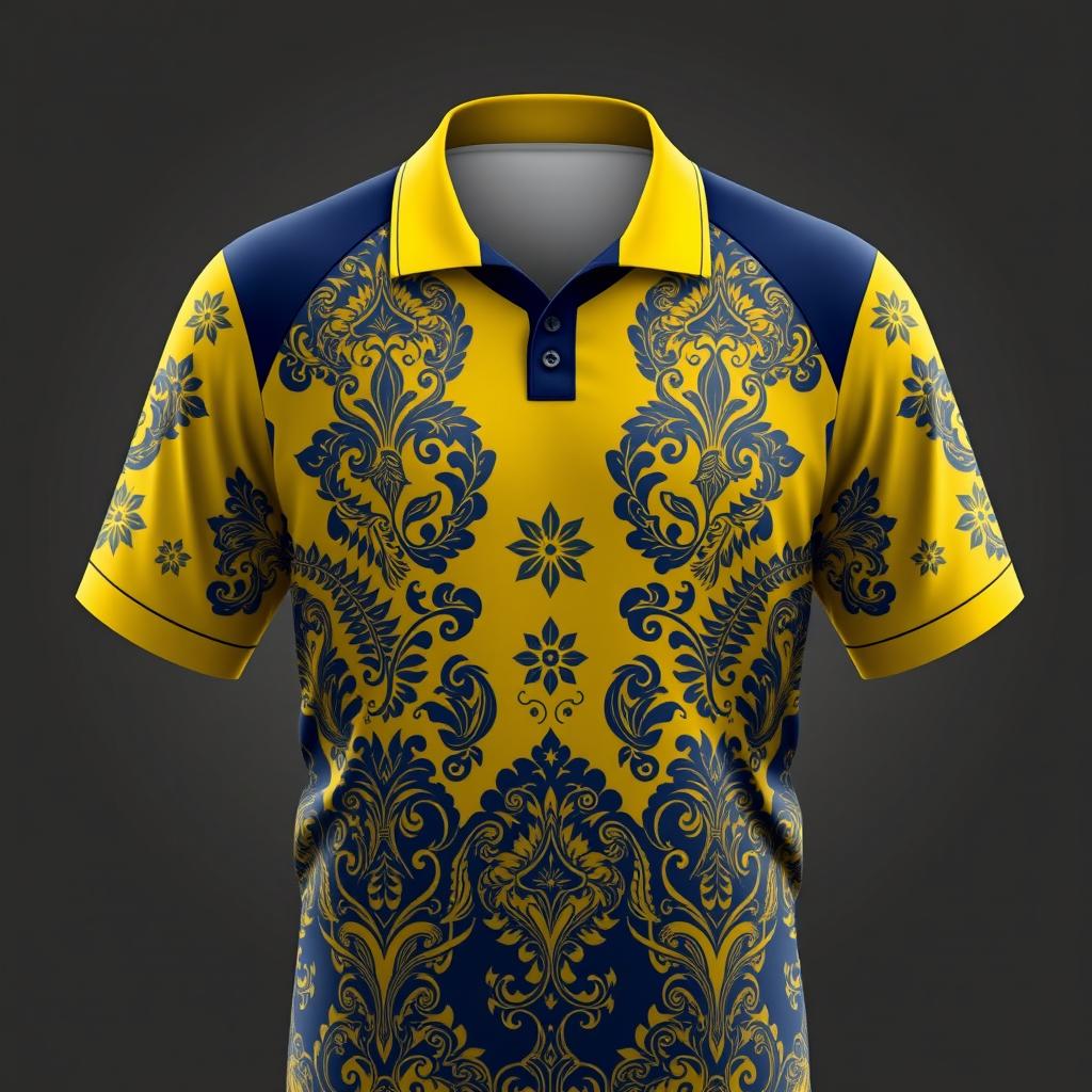 A sports jersey with a yellow collar and dark blue color scheme, featuring traditional batik patterns