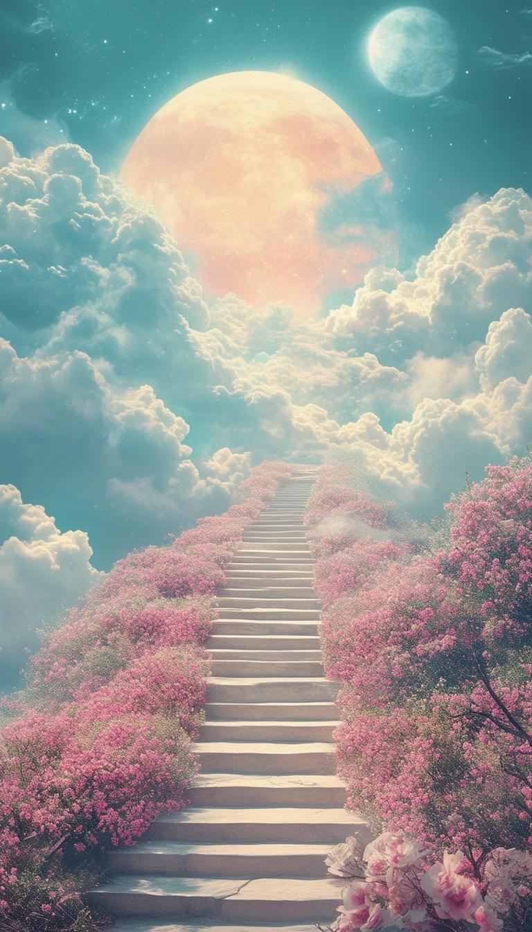 A vintage book cover featuring a stairway to heaven in pastel colors, titled 'Into the Clouds'