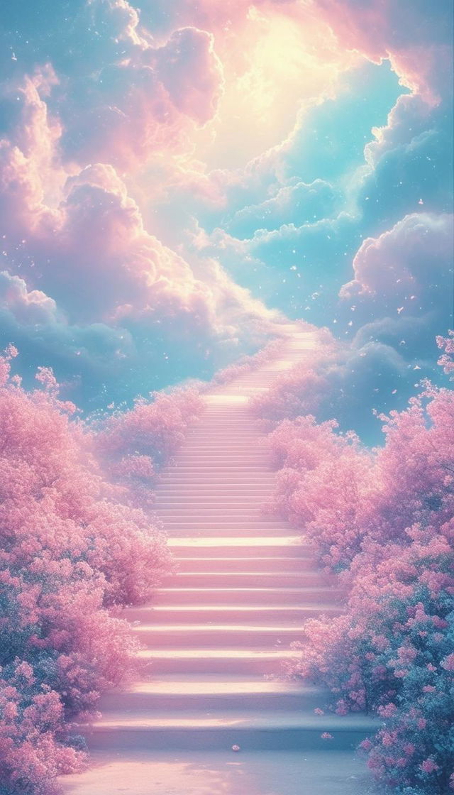 A vintage book cover featuring a stairway to heaven in pastel colors, titled 'Into the Clouds'